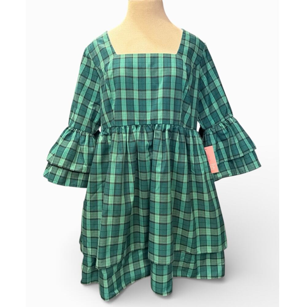 Ivy City Co Plaid Tiered Mini Dress Square Neck Puff Sleeves Bow 12 Green Poetic